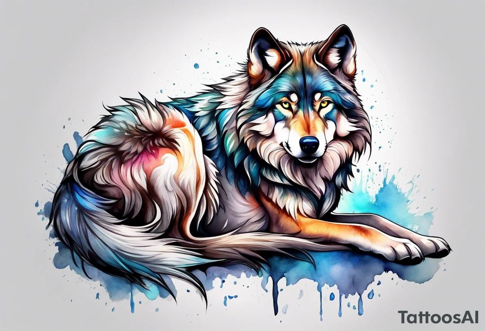 Fluffy wolf sitting tattoo idea