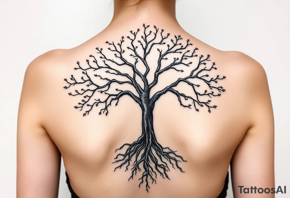 mystical tree of life with cosmic roots and celestial branches tattoo idea