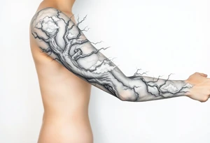 right arm sleeve, giant tree branch made of stone, clouds and lightning mixed throughout, tattoo idea