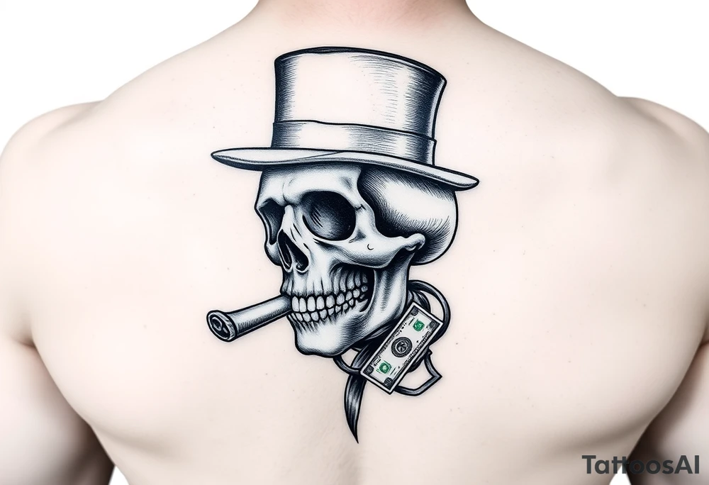 skull with mustache,a cigar in his mouth,a top-hat on his head and money in a hand. tattoo idea