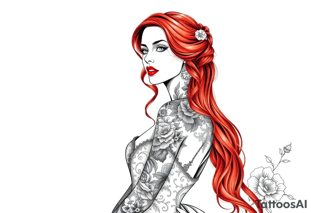 Woman with long red hair and red lipstick with lots of tattoos in her wedding dress tattoo idea