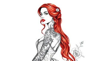 Woman with long red hair and red lipstick with lots of tattoos in her wedding dress tattoo idea