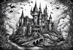 Scary rotting haunted castle tattoo idea