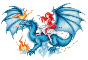 Redheaded girl on a blue dragon who is breathing fire with wings spread and flying over ice and flames tattoo idea