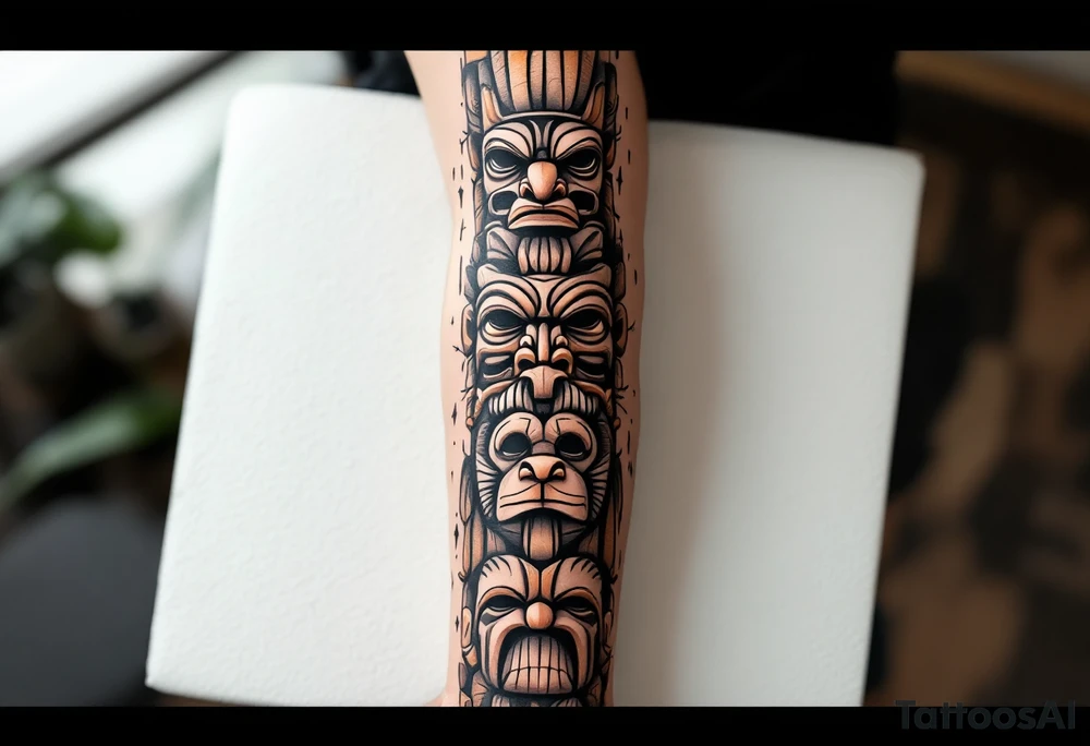 A black and brown totem pole with stacked animal faces carved into bark-like texture. tattoo idea