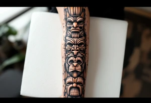 A black and brown totem pole with stacked animal faces carved into bark-like texture. tattoo idea