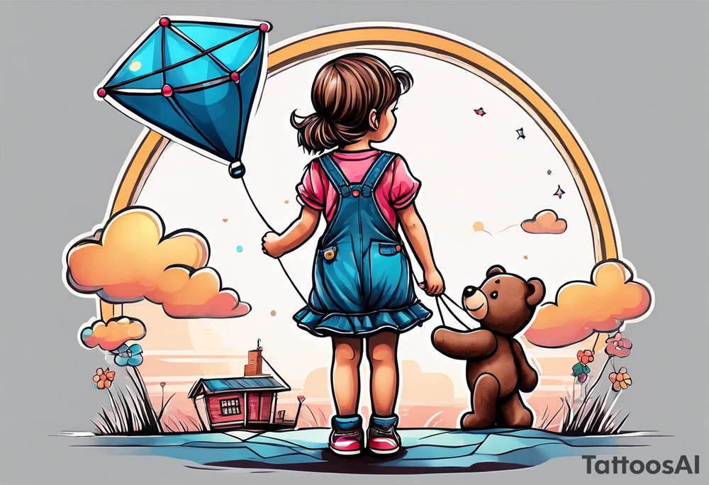 back image of a little girl in a dress, holding a kite , a teddy bear in overalls standing beside her tattoo idea
