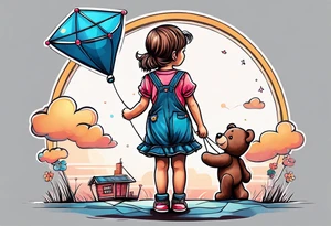 back image of a little girl in a dress, holding a kite , a teddy bear in overalls standing beside her tattoo idea