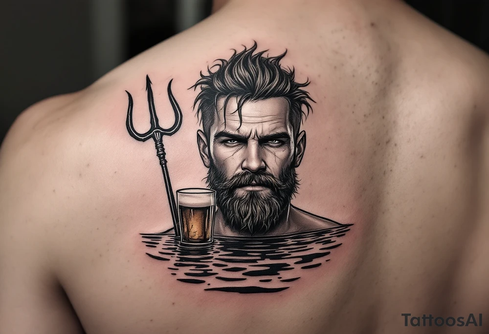 Drunk guy with no facial hair with trident half way in calm water with a beer tattoo idea