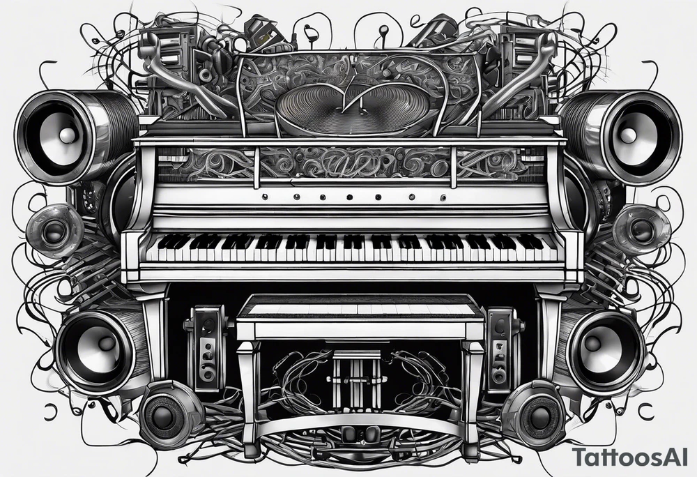 Piano, drums, guitar, speakers, headphones, cassette tapes, woven and interconnected by lines and cables. tattoo idea