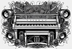 Piano, drums, guitar, speakers, headphones, cassette tapes, woven and interconnected by lines and cables. tattoo idea