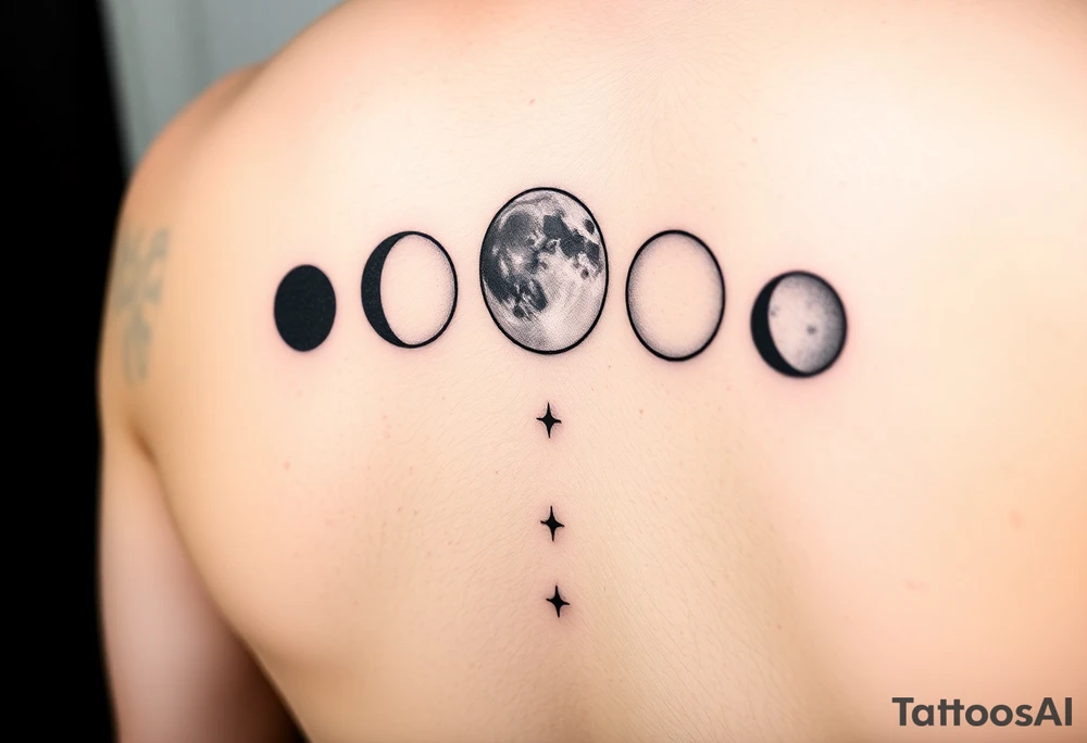 I’d like a vertical tattoo featuring five moon phases in this order: waxing crescent, third quarter, full moon, first quarter, third quarter. Behind the moons, I want the Capricorn constellation represented only by the star points—no connecting lines—arranged in the correct shape. The style should be minimalistic, celestial, and elegant tattoo idea