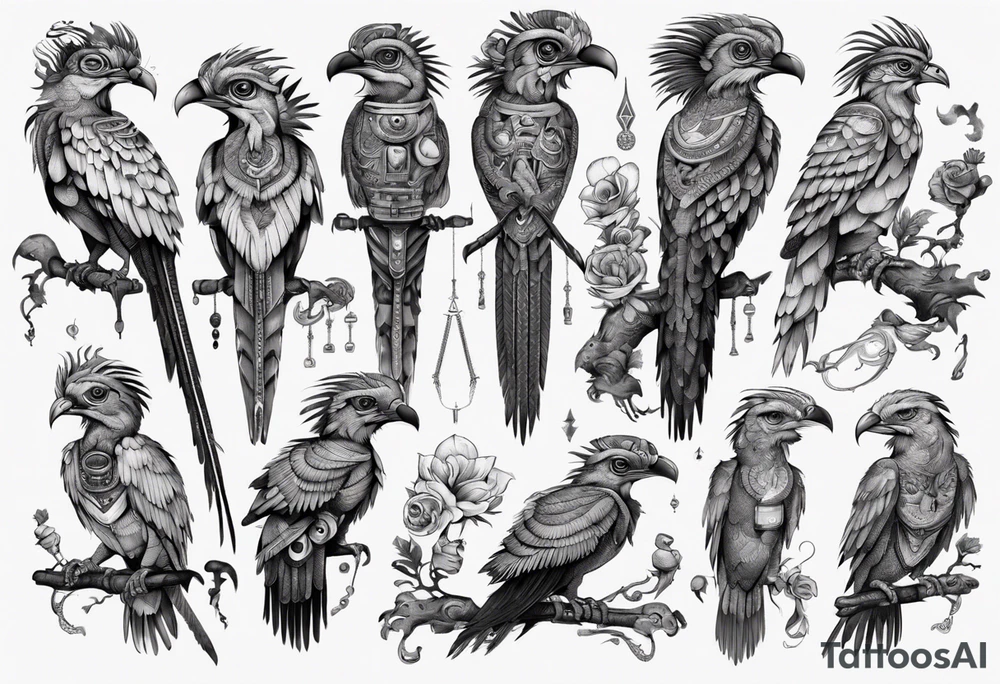 Cyberpunk Guatemalan Quetzal birds with nuerons tattoo idea