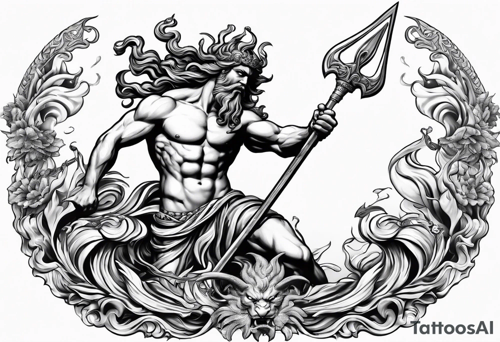 An image of Poseidon holding his trident battling with Medusa tattoo idea