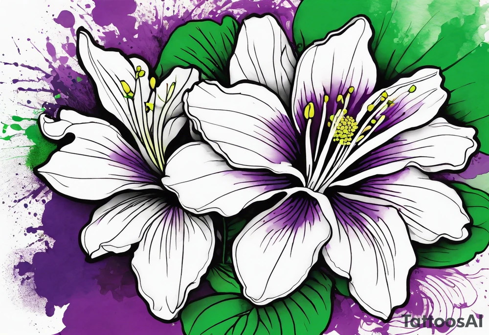 An outline of a rio dipladenia flower with green/purple pedals and a green/purple watercolor splash in the background tattoo idea