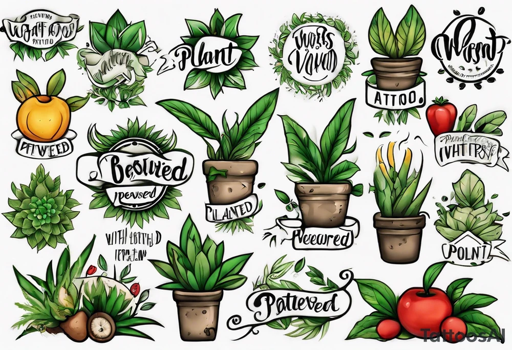 Words “Plant Powered” with plants tattoo idea