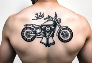 The words Jesus Fine. A Harley motorcycle a crown of thorns and a bible tattoo idea