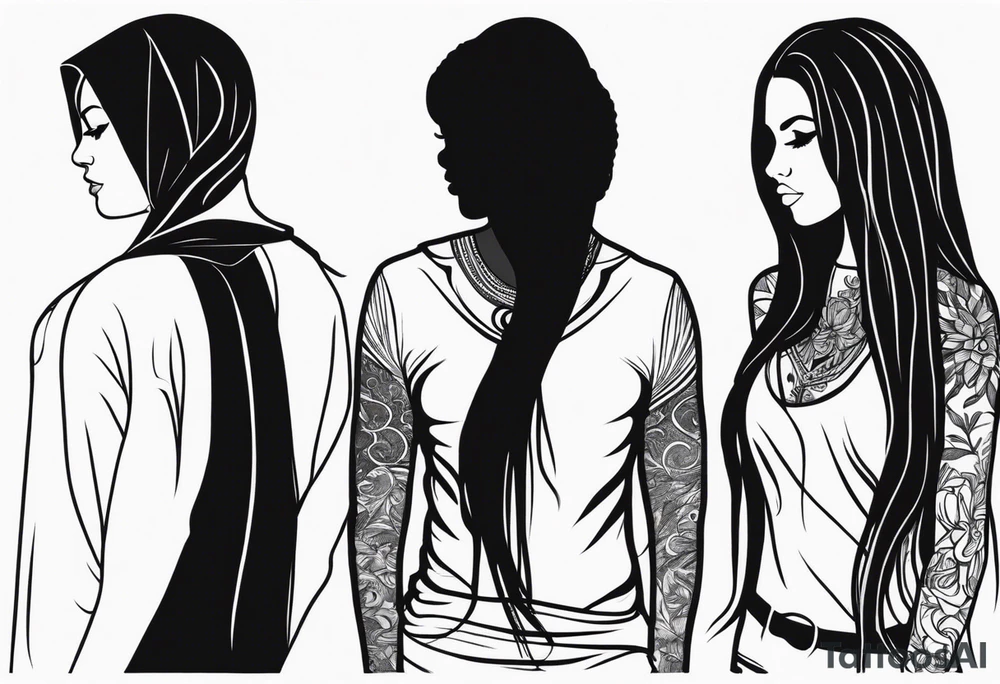 Couple black silhouette woman has long hair tattoo idea