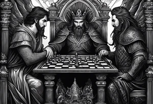 Illustrate a powerful scene where the angelic king checkmates the demonic king, symbolizing the triumph of good over evil in the strategic game of life. tattoo idea