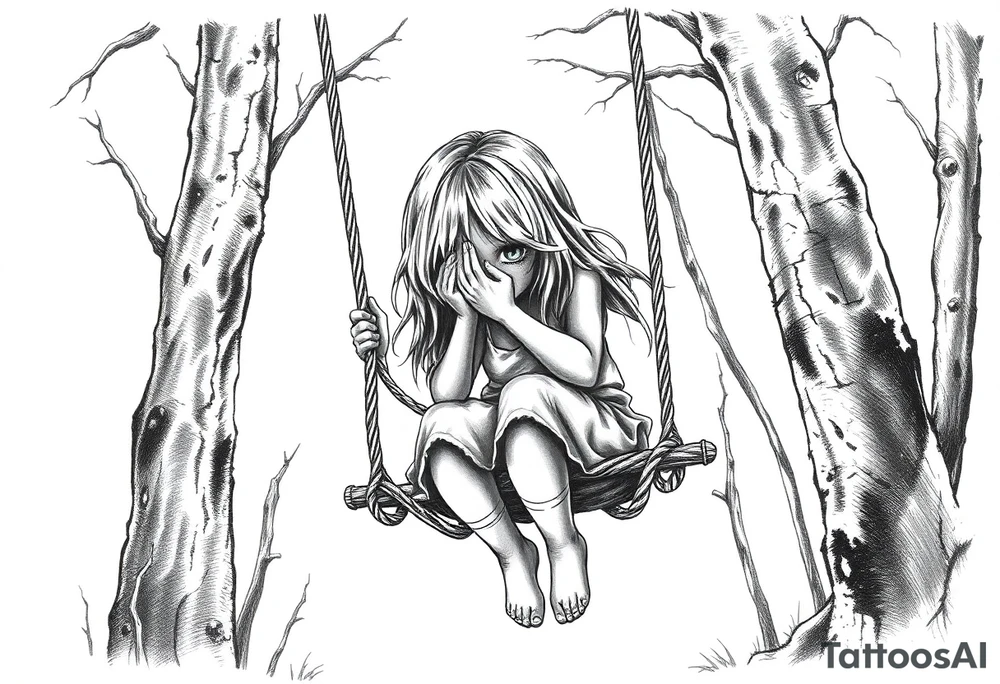 creepy grudge style little girl with hair covering her face in the woods on a rope swing tattoo idea