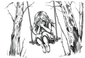 creepy grudge style little girl with hair covering her face in the woods on a rope swing tattoo idea