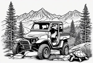 Wasatch Mountain scape, Honda three wheeler and four turtles watching from the path tattoo idea