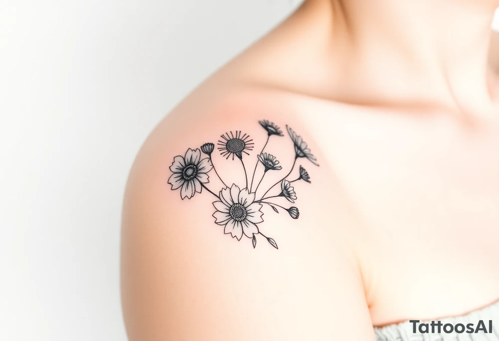 flower arrangment for arm, include two carnations, one violet, two daisies, one cosmos, and one peony tattoo idea