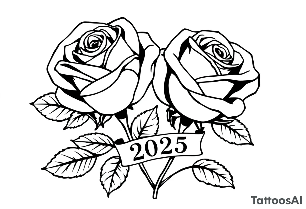 two beautiful large rose buds, one larger than the other, with many leaves next to the rose buds, with one sitting higher than the other. Include a banner connecting the two roses with the year 2025 on it.   Use dark outlines with little shading. The two stems should be short, not long, and connect and join into one stem, whimsically curved or twisted - not straight down. tattoo idea