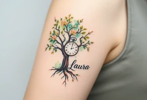 A blooming tree with a clock embedded in its trunk and name "Laura", symbolizing growth and life, in shades of green, brown, and soft golden highlights tattoo idea