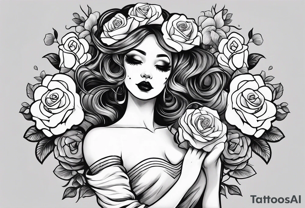 mime girl in white dress surrounded by roses tattoo idea
