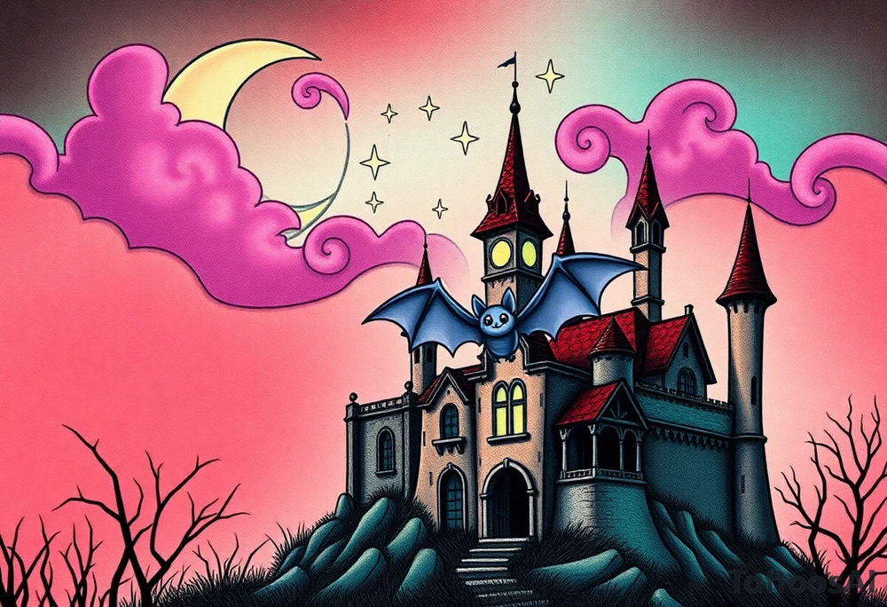 Tim Burton’s haunted castle is abandoned and dripping with muted reds, dusty pinks, and eerie green glow.purple and cyan smokey clouds swirl in the crescent moonlit sky thats sprinkled with stars under the castle an adorable kawaii bat spreads its wings tattoo idea tattoo idea