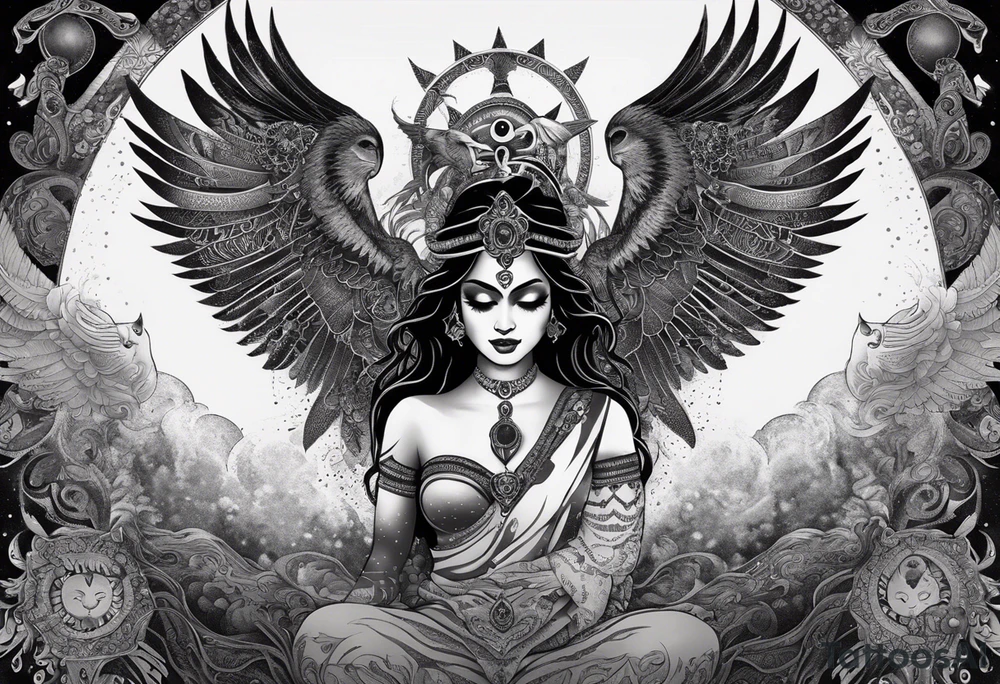 black kali, goddess pirate, alien, angel, pachamama, valkrye, warrior, flying, skull, lotus azul, wing, eagle, zenza resonance, stars, 5D, anahata chakra, death, durga, riding on a tiger, flying lady, kundalini, chest tatoo, samuri, rebel,s erpent tattoo idea