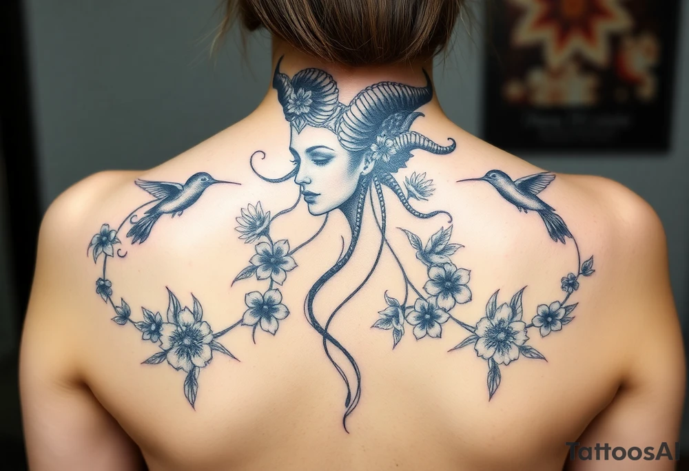 medusa surrounded by hummingbirds and flowers tattoo idea