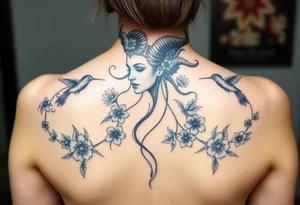 medusa surrounded by hummingbirds and flowers tattoo idea