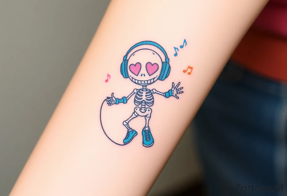 Cute smiley skeleton with love shape in his eyes jumping on a jump rope with blue headphones blue armbands blue sneakers and colorful  music notes around his head tattoo idea