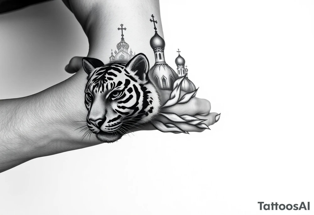 in a dorsal view of the hand and forearm a tiger face on the hand with black hollowed eyes, then above this a orthodox church shrouded with a mist and fading into a virgin mary overlooking tattoo idea