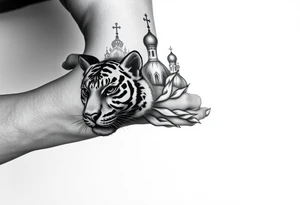 in a dorsal view of the hand and forearm a tiger face on the hand with black hollowed eyes, then above this a orthodox church shrouded with a mist and fading into a virgin mary overlooking tattoo idea