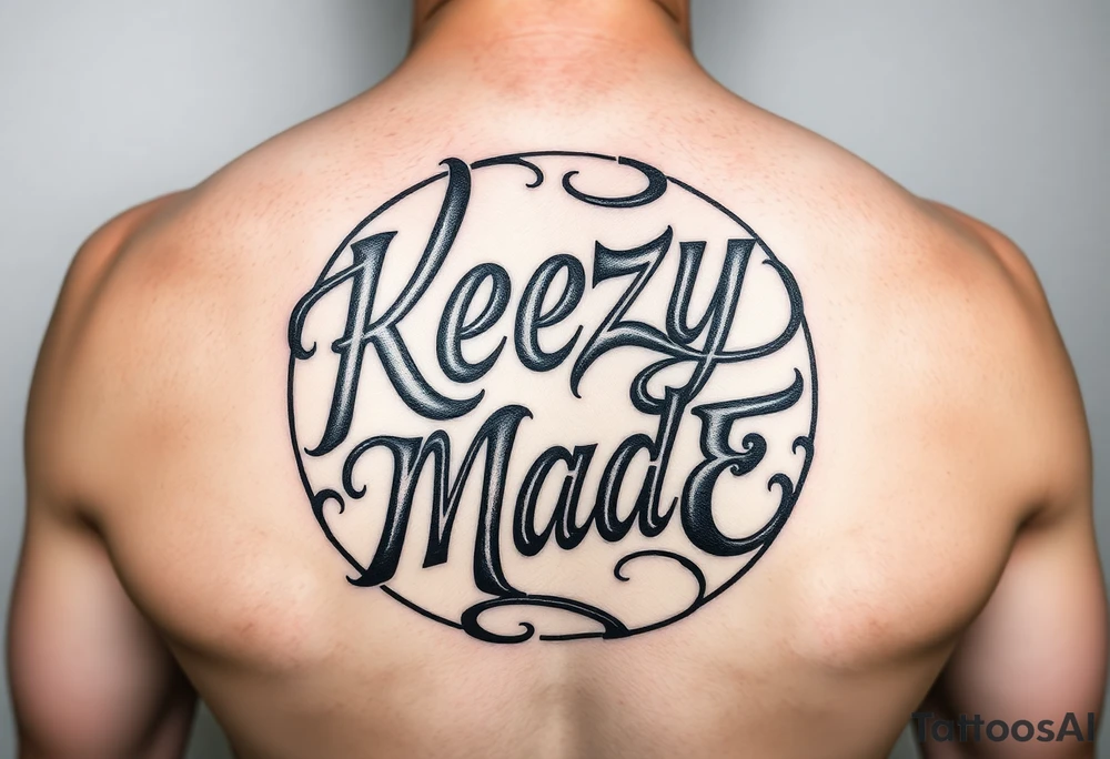 Just the lettering nothing around background or addons fancy but rugged twisted and intertwined circular arched curvy lettering in a circular  that would be clothing brand style that says (KeezY MadE) tattoo idea