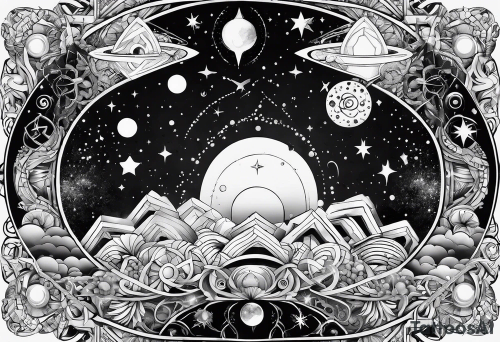 universe full of atoms and spiritual symbols tattoo idea