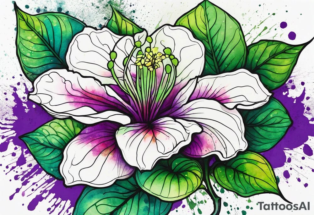 A mystical outline of a green rio dipladenia flower and a green/purple watercolor splatter in the background tattoo idea