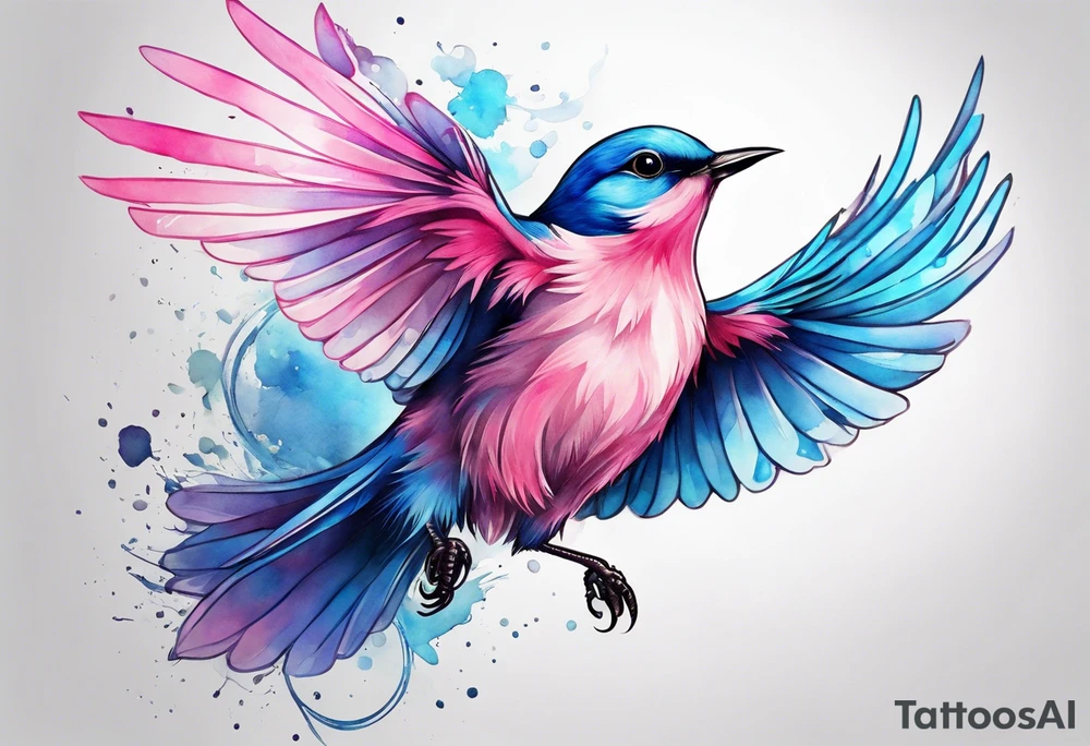 Delicate pink and blue bird in flight tattoo idea