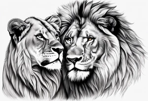 Realistic lion and lioness 
bonding add the date 09/22/2012 into the fur tattoo idea