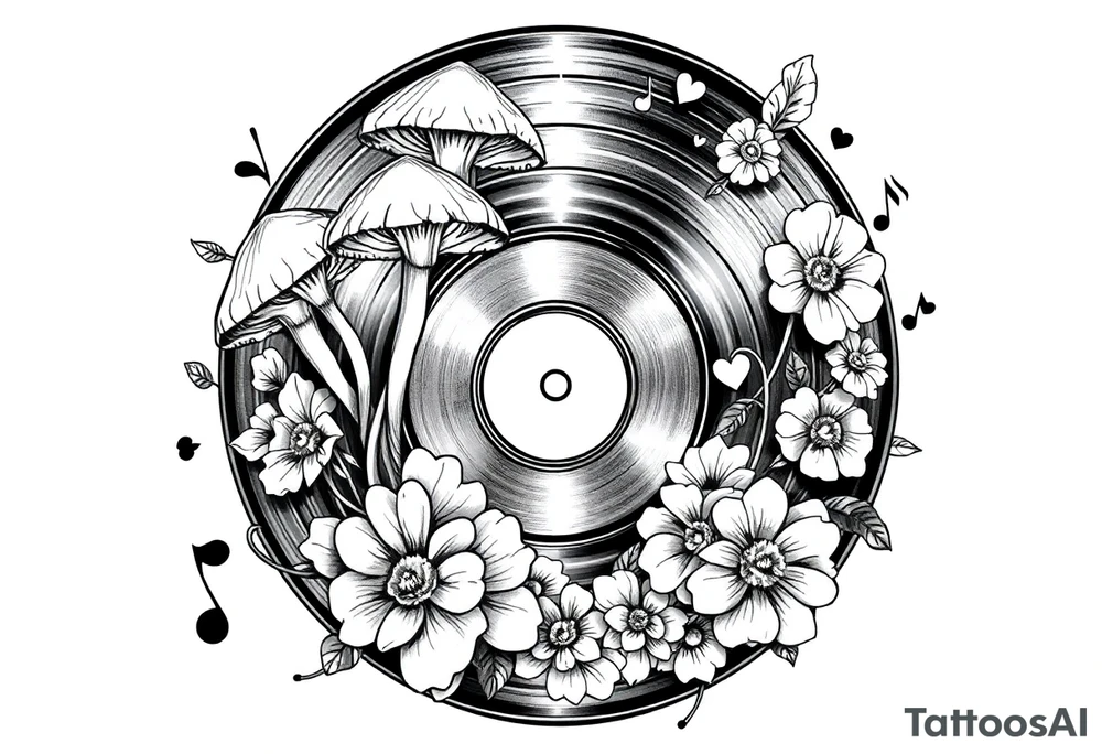 vinyl record with mushrooms, flowers, hearts, and music notes tattoo idea