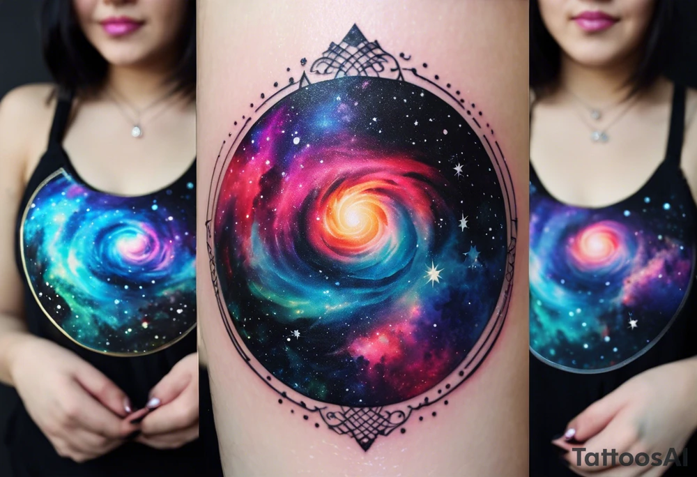 I want a spiral nebula space galaxy tattoo that's colorful and bright and cute and is nice to look at I don't want a traditional circle I want it like the ones thay look like an s shape and this tattoo will be on my left buttcheek and light colors I want more spread and less circle tattoo idea