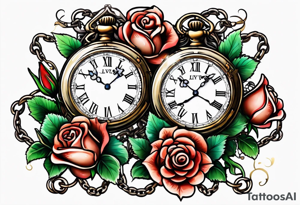 Two pocket watches linked together by a chain spelling "Lyv". Roses and lilies in the background tattoo idea