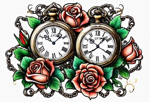 Two pocket watches linked together by a chain spelling "Lyv". Roses and lilies in the background tattoo idea