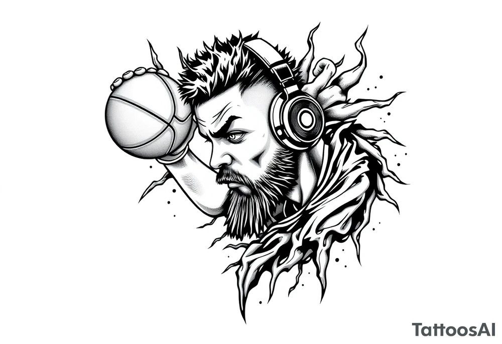 A guy dribbling a basketball with headphones on tattoo idea