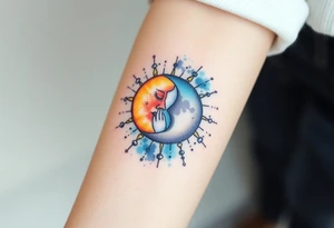 celestial sun and moon embrace with constellation patterns tattoo idea