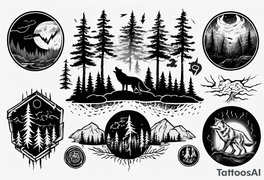 a thunder and lightning storm over a forest with a distant wolf howling and a drum circle tattoo idea a thunder and lightning storm over a forest with a distant wolf howling and a drum circle tattoo idea