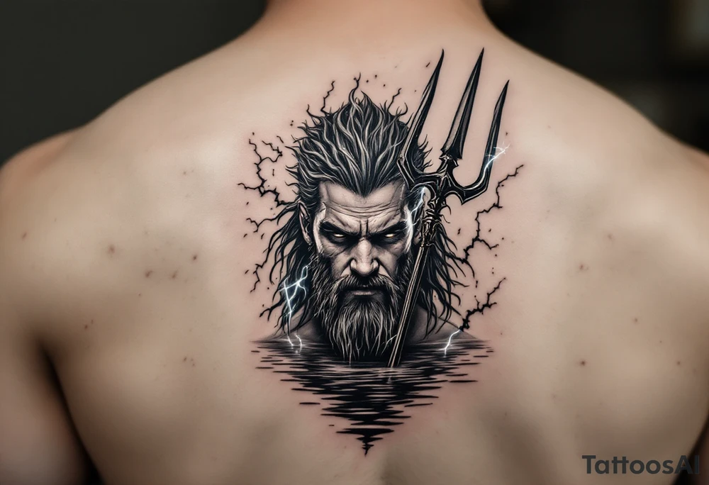 fit poseidon, behind a trident, with lightning, in calm water tattoo idea
